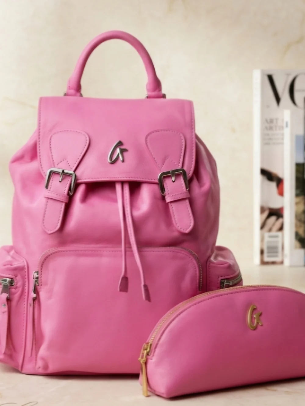 Pink Leather Backpack with Matching Pink Cosmetic Pouch